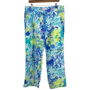 Lilly Pulitzer Women Linen Galley Pants Brilliant Blue Wade and Sea Size 14